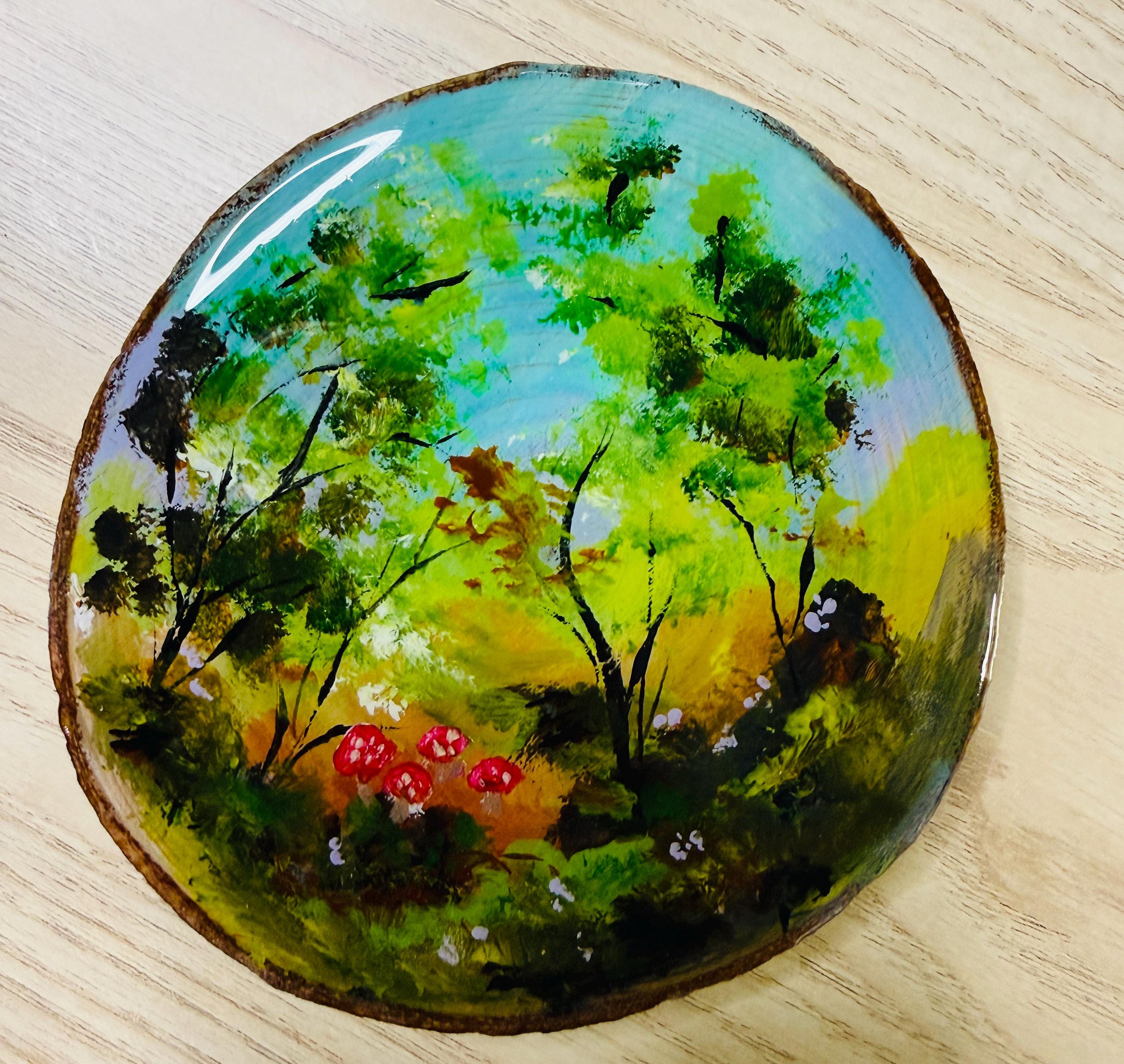 Red Mushroom Forest- Original Oil Painting on Wood Slice- 4x4 inches