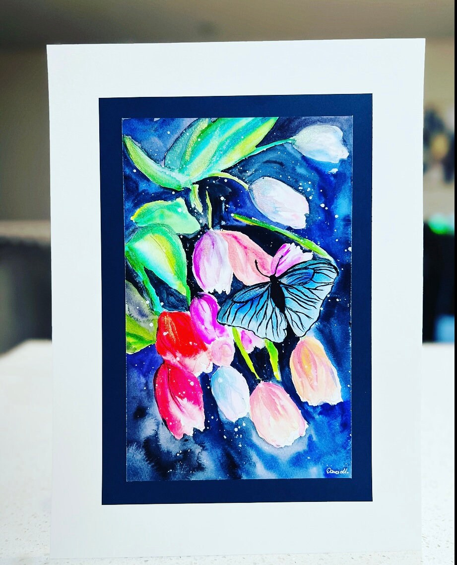 Blue Morpho Butterfly & Tulips - Original Watercolor Painting- 11x14 inches
