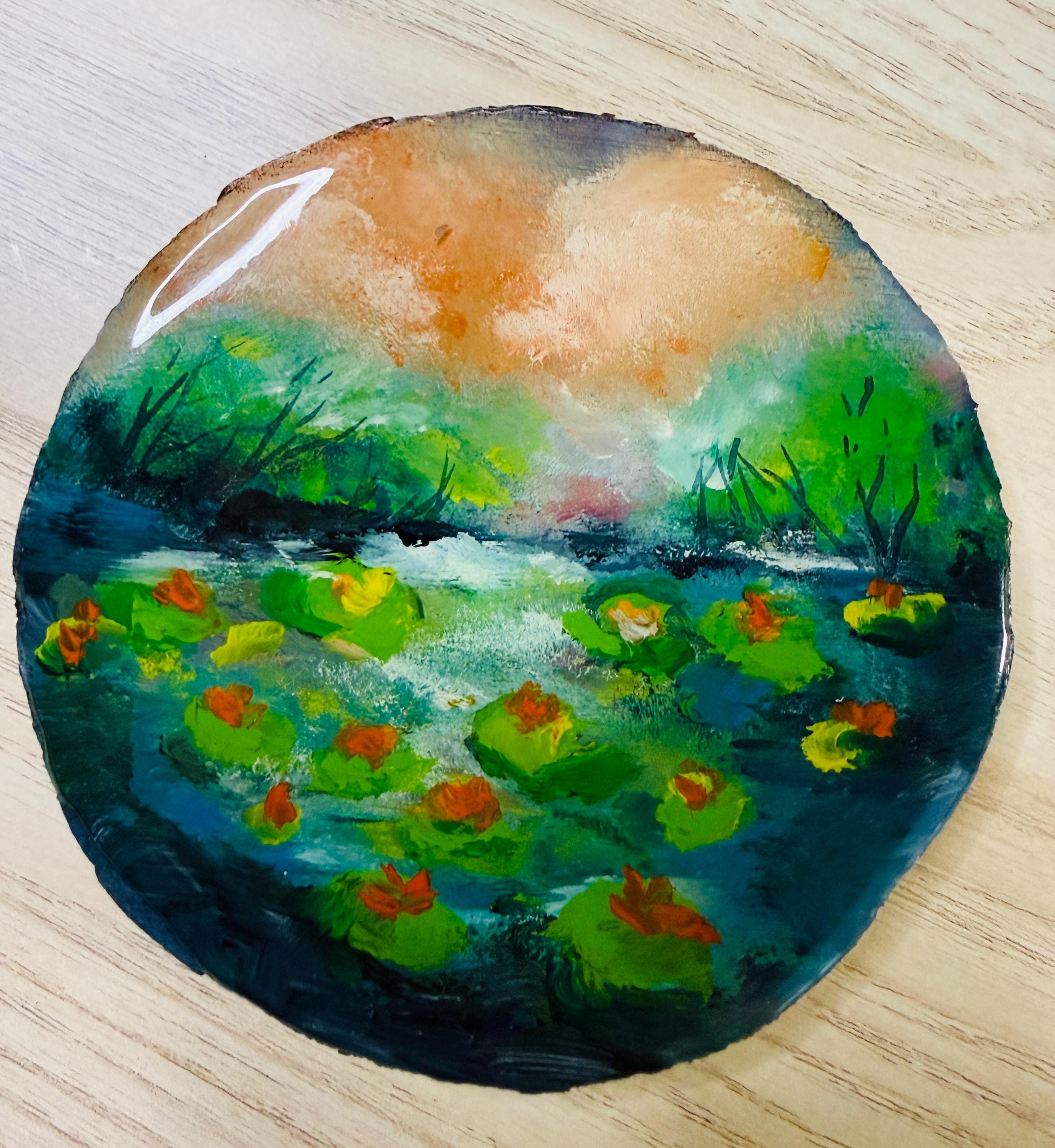 Mini Lotus Flowers Lake- Original Oil Painting on Wood Slice- 4x4 inches