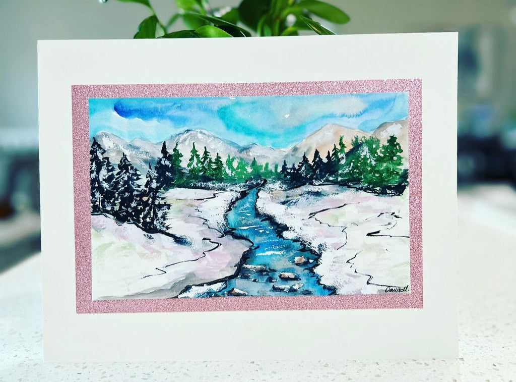 Pink Snow Sunset – Original Watercolor Painting – 11x8.5 inches