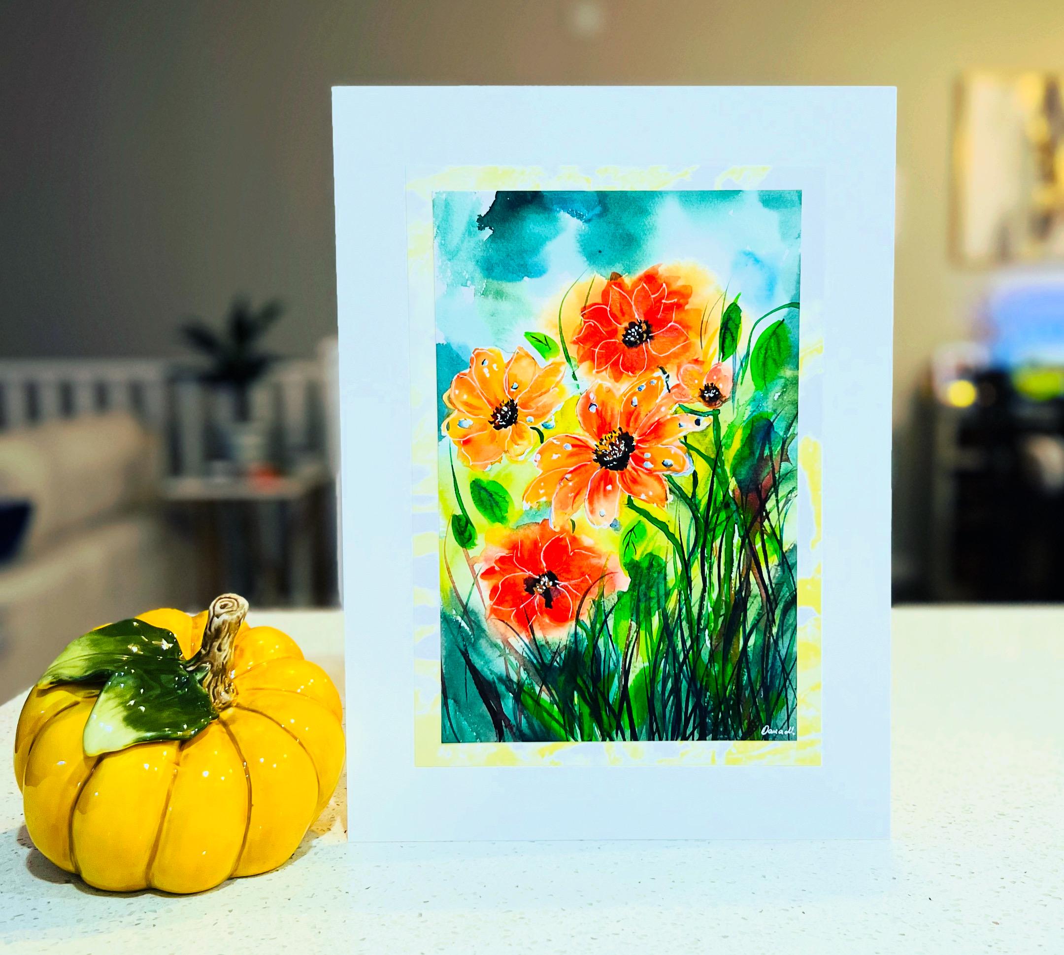 Orange Flowers After the Rain – Original Watercolor Painting – 11x15 inches