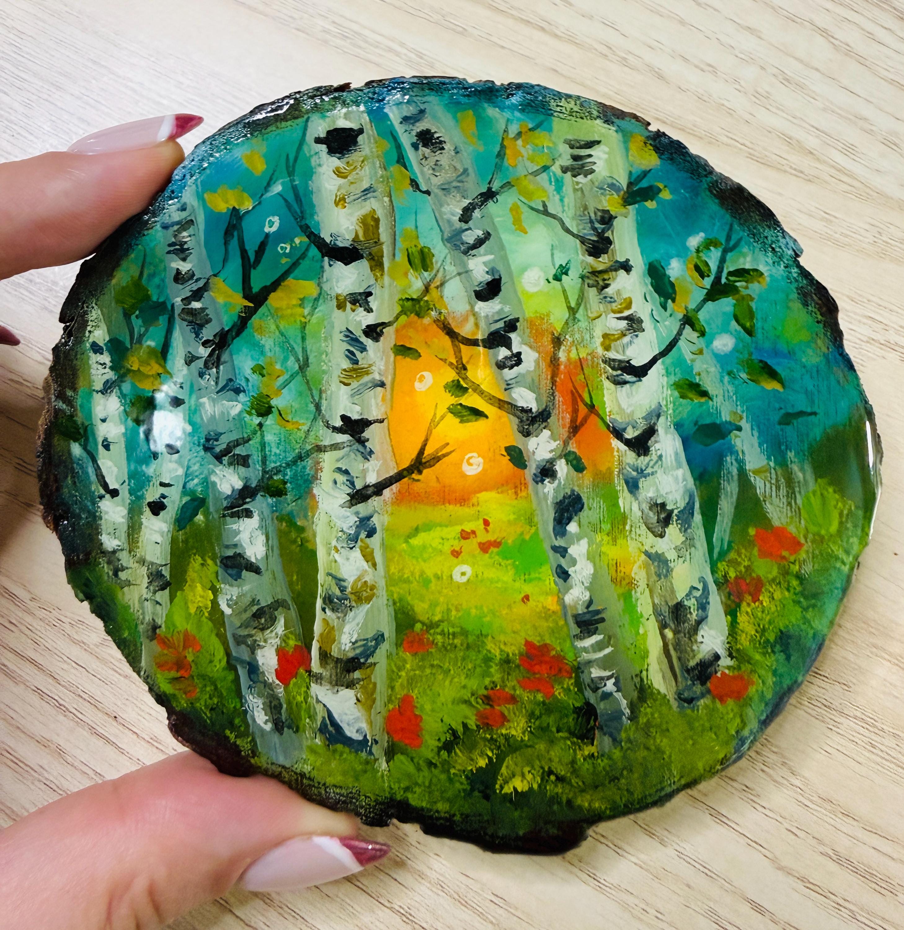 Birch Tree Forest- Original Oil Painting on Wood Slice- 4x4 inches