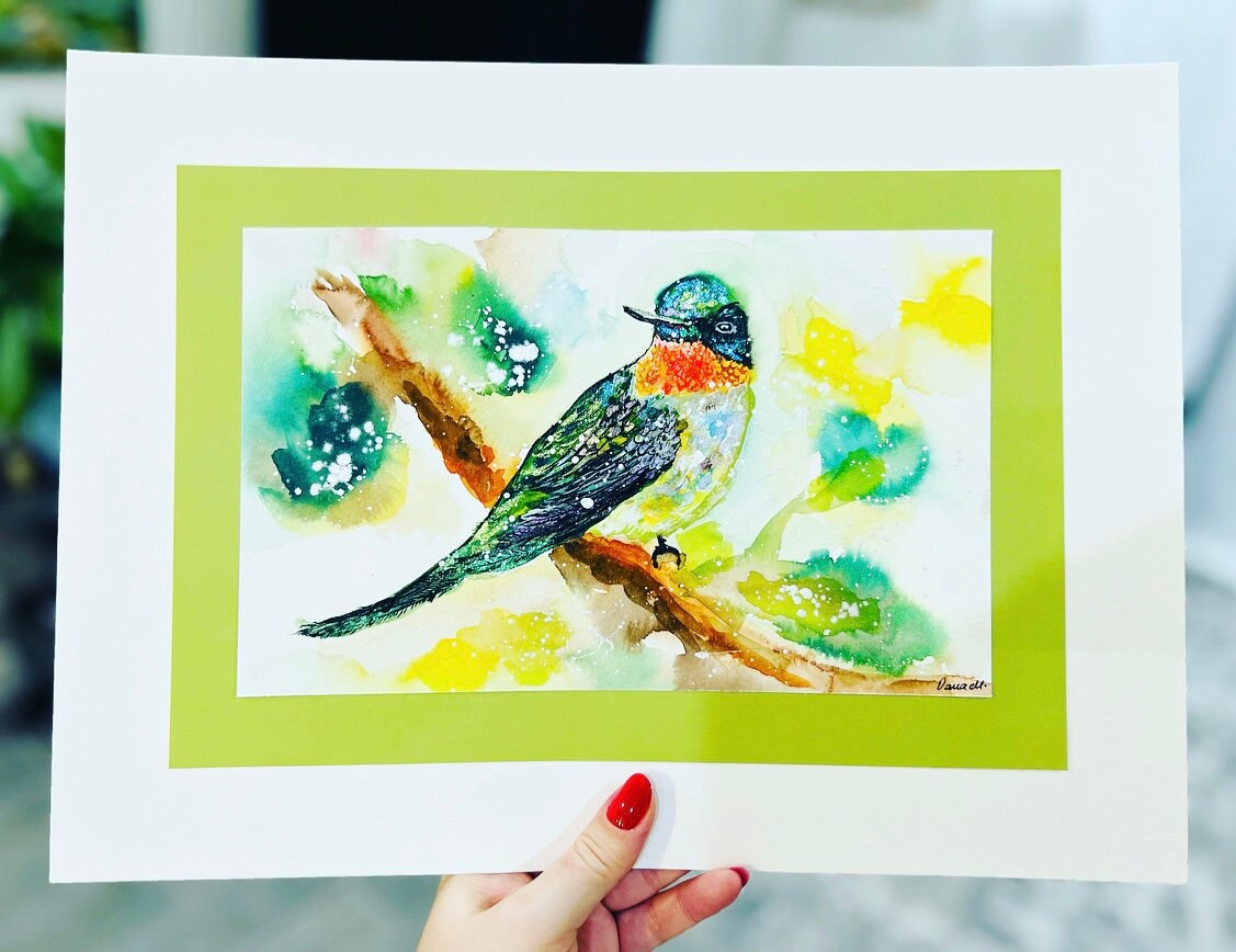 Green Hummingbird - Original Watercolor Painting- 14x11 inches