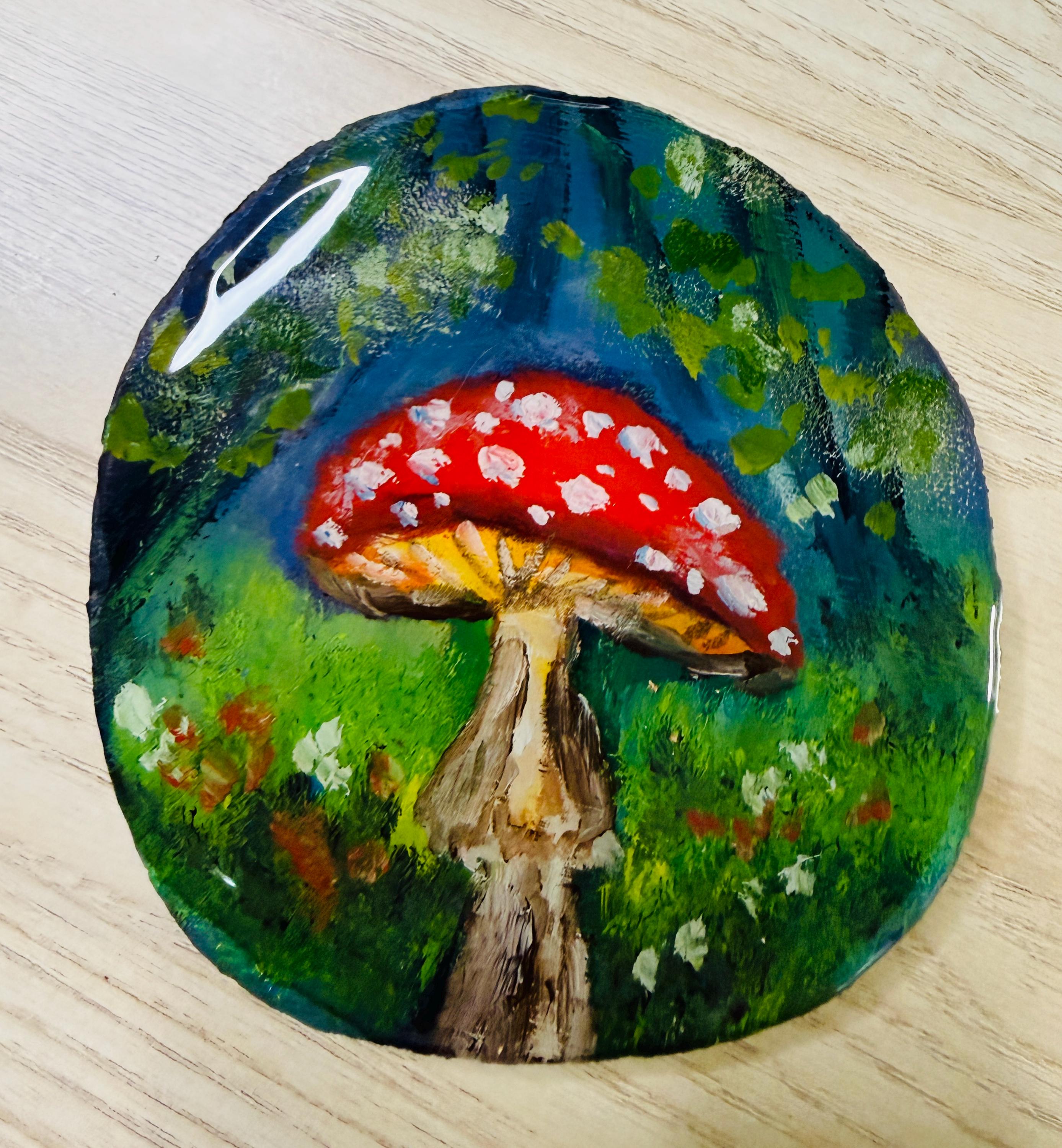 Red Mushroom- Original Oil Painting on Wood Slice- 4x4 inches