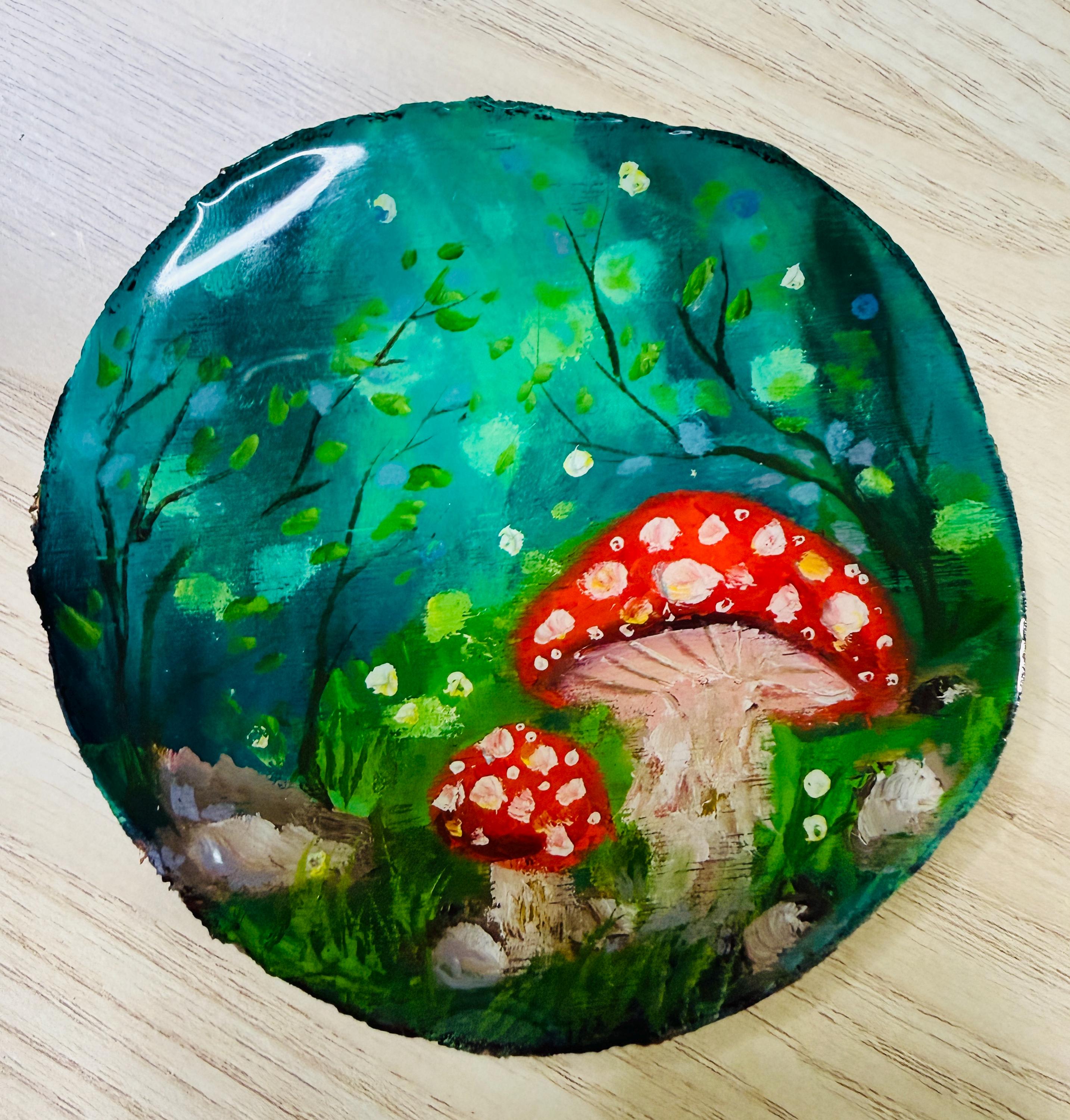 Red Mushroom- Original Oil Painting on Wood Slice- 4x4 inches