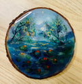 Blue Lotus Lake- Original Oil Painting on Wood Slice- 4x4 inches